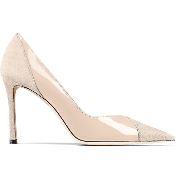 Women's Nude Pointed Toe Pumps Patent Suede Heel Stiletto Slip On High Heels - Picture 3 of 4